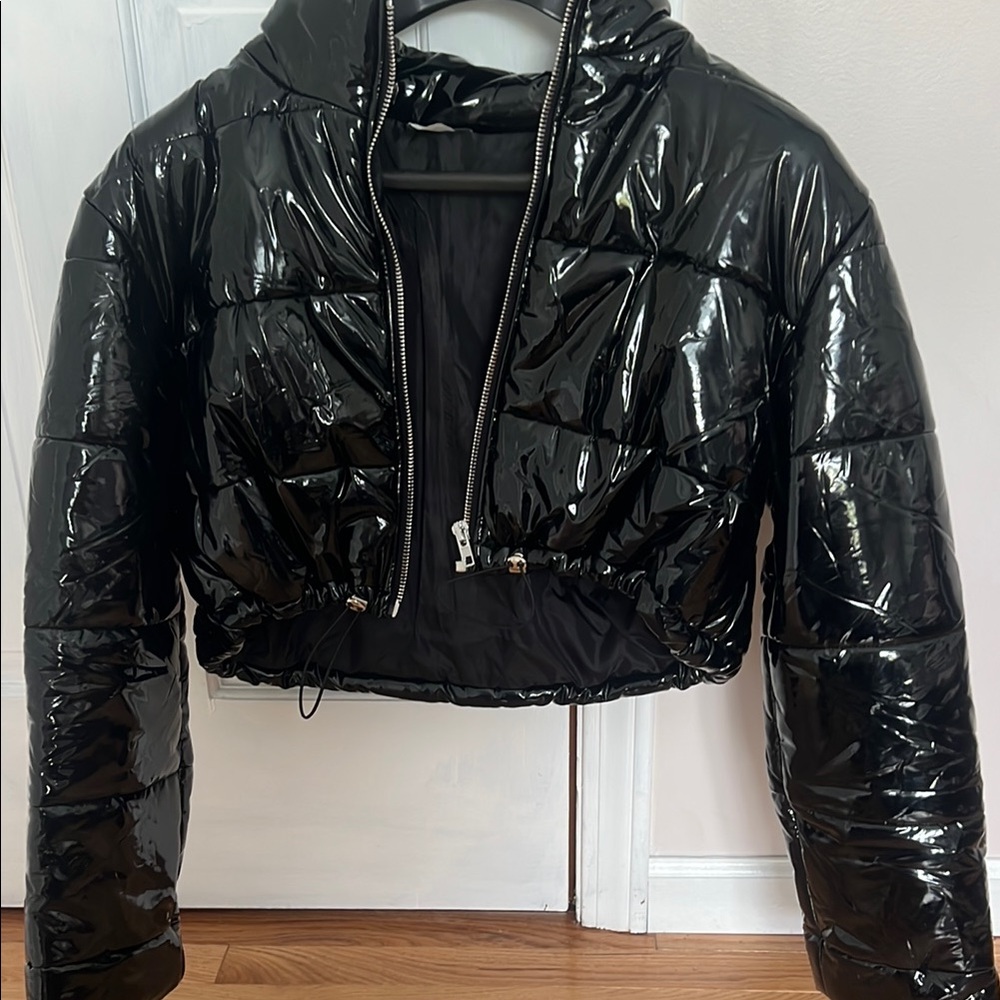 Iheart raves Black Cropped Latex Puffer Jacket